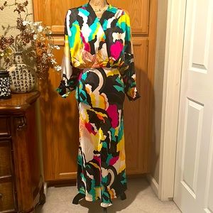 Multi colored dress, with long sleeves, tight waist, Brand is Chic by Tantra